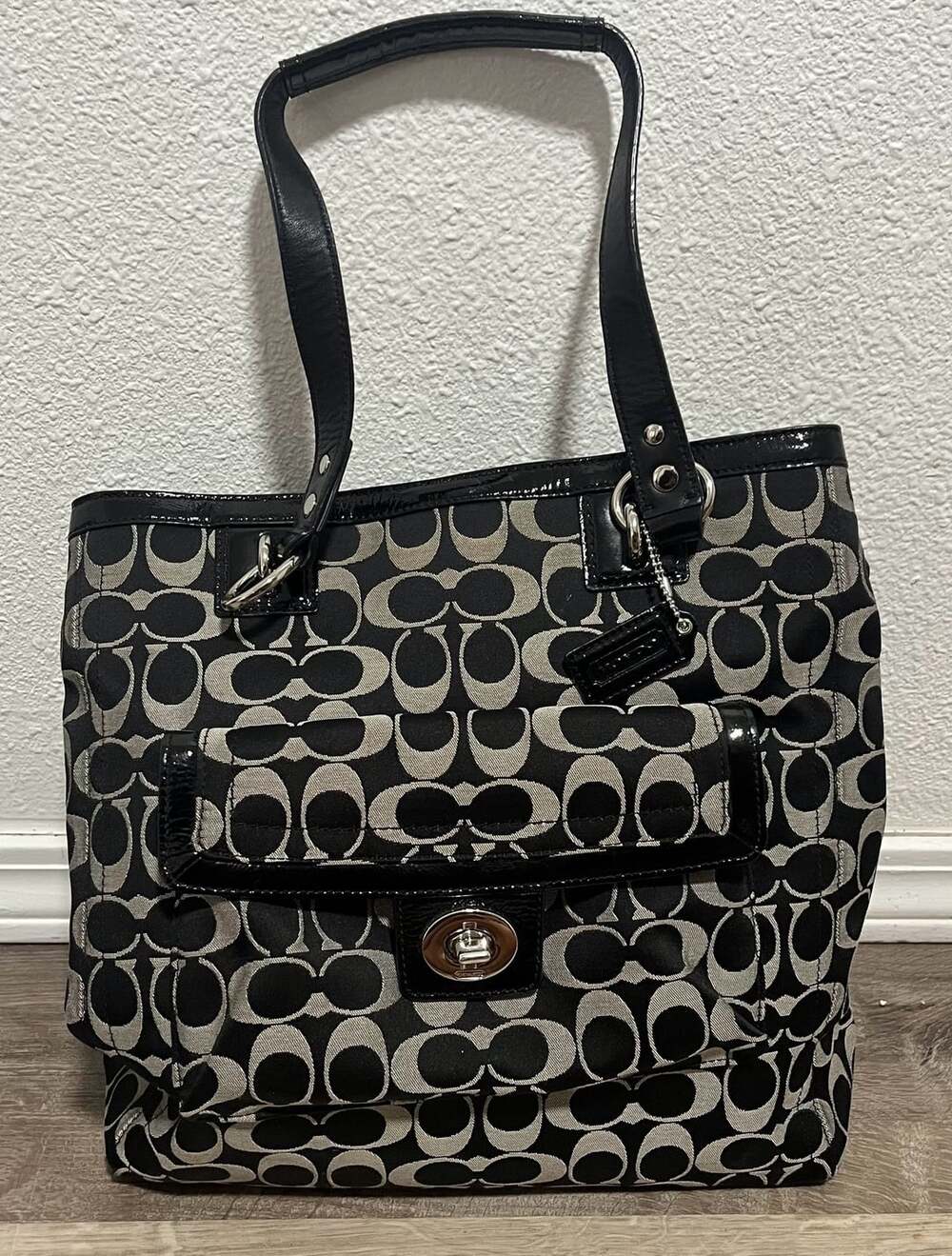 Coach Signature Sateen Black and White Tote Bag F19262